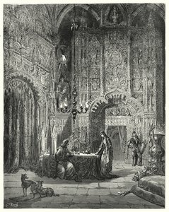 Gustave Dores Don Quixote: "別の乙女が部屋に入ってきて、そこがどんな城か、いかに自分がその城に魅了されているかを彼に伝え始めた"(エングレーヴィング) 作： Gustave Dore