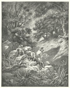 Gustave Dores Don Quixote: "でも、お願いします、先生。" Quoth Sancho, "この岩だらけの荒野で、茂みや荊を乗り越えて、上下にさまよい歩くことが、騎士道の良い掟なのでしょうか？"(エングレービング) 作： Gustave Dore