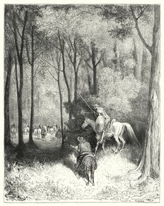 Gustave Dores Don Quixote: "Don Quixoteは一団を見て、近くで見ると質の良い人たちだと判断した"(エングレーヴィング) 作： Gustave Dore
