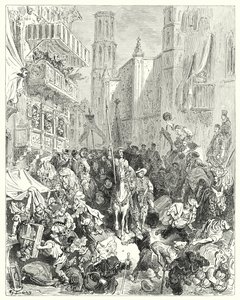 Gustave Dores Don Quixote: "Enclosing him in the middle of their brigade, they conduct him towards the city" (e.g. engraving) 作： Gustave Dore