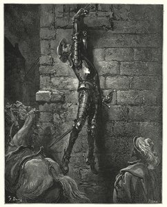 Gustave Dores Don Quixote: "彼の手首がロープにしっかりと固定されていなかったら、彼は必然的に地面に落ちていただろう"(エングレーヴィング) 作： Gustave Dore