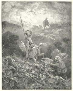 Gustave Dores Don Quixote: "彼は目の前の石の多い岩山の上に、岩から岩へと素晴らしく敏捷に飛び移る男を見つけた" (エングレーヴィング) 作： Gustave Dore