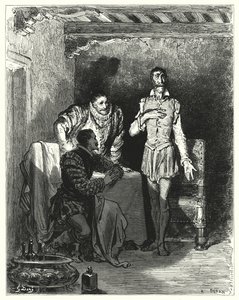 Gustave Dores Don Quixote: "彼は紳士たちに、彼女が魔法にかけられたという一部始終を話した"(エングレーヴィング) 作： Gustave Dore