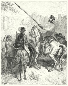 Gustave Dores Don Quixote: "さて、お嬢さん、" ドン・キホーテは言った、 "あなたの偉大さにお願いして、あなたにお仕えするために、私たちがどちらに行かなければならないか教えてください" (エングレーヴィング) 作： Gustave Dore