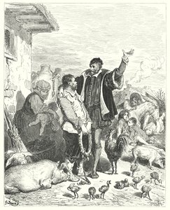 Gustave Dores Don Quixote: "騎士は彼に多くの公平な約束をしたので、哀れで愚かな道化師はついに彼と一緒に行き、彼の従者になることを承諾した" (carving) 作： Gustave Dore