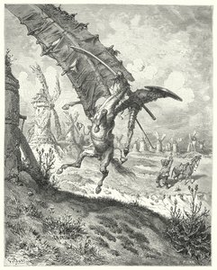 Gustave Dores Don Quixote: "The sail has hurried away both knight and horse along it" (e.g. engraving)
