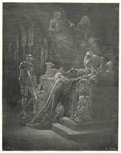 Gustave Dores Don Quixote: "敬虔なMontesinosは、苦しんでいる騎士の前に膝をついた"(エングレーヴィング) 作： Gustave Dore