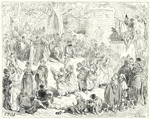 Gustave Dores Don Quixote: "彼らは敬虔な老人と母性的な女性に導かれていた"(彫刻) 作： Gustave Dore