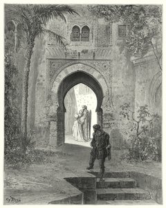 Gustave Dores Don Quixote: "Zoraida, showing trouble in the looks, went away with her father" (e.g. engraving)