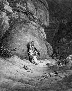 ドレによる彫刻、ハガルとイシュマエル。 -聖書 作： Gustave Dore