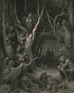 ここでは野獣のハーピーが巣を作っています、c1890。 作： Gustave Dore