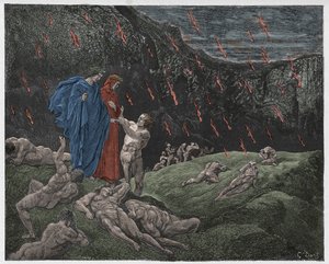 インフェルノ、カント15：ブルネットラティーニがダンテを告発、ダンテアリギエーリ作「The Divine Comedy」（1885年）のイラスト