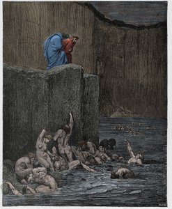 インフェルノ、カント18年：ダンテアリギエーリ作「The Divine Comedy」（1885年）のイラスト、第8サークルのパラモアとお世辞 作： Gustave Dore