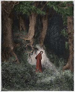 インフェルノ、カント1：野蛮な森の中のダンテ、ダンテアリギエーリ作「The Divine Comedy」（1885年）のイラスト