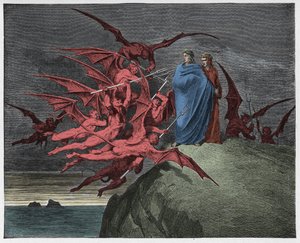 インフェルノ、カント21：悪魔がヴァージルを脅かす、ダンテアリギエーリ作「The Divine Comedy」（1885年） 作： Gustave Dore