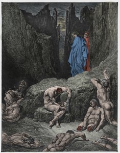 インフェルノ、カント29：ヴァージルはダンテの好奇心を非難し、ダンテアリギエーリ作「The Divine Comedy」（1885年）のイラスト