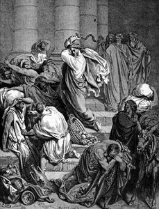 神殿の商人たちを追いかけるイエス・キリスト。ギュスターヴ・ドレのイラスト。 作： Gustave Dore