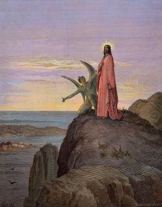 悪魔の誘惑にさらされた砂漠のイエス - キリストの誘惑 - サタンがイエスを誘惑した - ギュスターヴ・ドーアの彫刻 - 後の着色 作： Gustave Dore