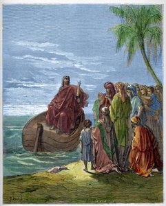 ゲネザレス湖（Genesareth, Ginosar or Kinneret）（Tiberiad湖）（ガリラヤ海）で説教するイエス - - Gustave Dore（1832-1883）の "The Bible illustree "のエングレーヴィング - "The Dore Bible "のエングレーヴィング 作： Gustave Dore