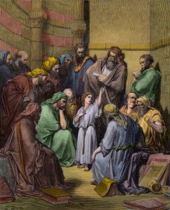 神殿で博士たちと一緒にいるイエス - 神殿で博士たちと一緒にいるイエス - ギュスターヴ・ドーア（1832-1883）による彫刻 - 後に着色されたもの 作： Gustave Dore