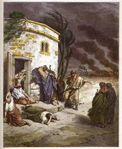 自分の破滅を聞くヨブ - Job learant sa ruine - - Gustave Dore (1832-1883) の "The Bible illustree" のエングレーヴィング - "The Dore Bible" のエングレーヴィング 作： Gustave Dore