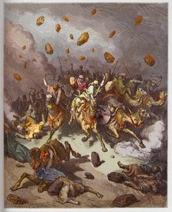 ヨシュアのアモリ人に対する勝利 - ヨシュアのアモリ人に対する勝利 - - ギュスターヴ・ドーア（1832-1883）の "The Bible illustree "のエングレーヴィング - "The Dore Bible "のエングレーヴィング 作： Gustave Dore