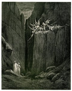 ダンテ・アリギエーリ著、ギュスターヴ・ドーレ挿画『地獄』（神曲）。アシェット版1861年。Pier-Angelo Fiorentinoによるフランス語訳。Dante et Virgile face aux Demons: Appena furo i pie suoi giunti al letto - Del fondo giu, ch