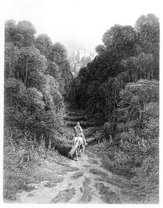 ランスロットはアストラトの城に近づく、アルフレッドテニスン（リソ）による「王の牧歌」のイラスト 作： Gustave Dore