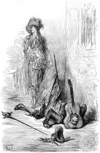 レアンドレがマタモレの頭にギターをぶつけただけで、"キャプテン・フラッカス "のイラスト 作： Gustave Dore