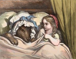 おばあちゃんのように嫌がる赤ずきんちゃんと狼。シャルル・ペロー（1628-1703）の「物語」をギュスターヴ・ドーア（1832-1883）が描いたイラスト 1867年 - 赤ずきんちゃん - ギュスターヴ・ドーア（1832-1883）のエングレーヴィング 作： Gustave Dore