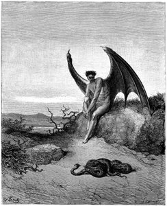 蛇と出会うルシファー（サタン、デチュ天使、天から地上に堕ちた）。ジョン・ミルトン（1608-1674）の『失楽園』のギュスターヴ・ドーアによる挿絵。1866年のエングレーヴィング。個人蔵