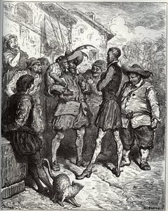 Maese Pedro and the fortune-telling apeak - from "Don Quixote de la Mancha" by Miguel Cervantes (1547-1616) (Don Quixote) - Gustave Doreのドローイングに基づく木版画。 作： Gustave Dore