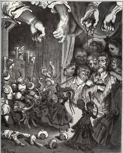 Maese Pedroの人形劇 - Miguel Cervantes (1547-1616)の「Don Quixote de la Mancha」より (Don Quixote) - Gustave Doreのドローイングに基づく木版画