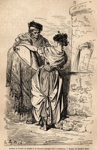 セビーリャ近郊の村、カルモナで、泉を持つ人々の男女。ギュスターヴ・ドーア（1832-1883）が現地で撮影したスケッチ。1862年、シャルル・ダヴィリエとギュスターヴ・ドーアが「Le tour du monde, nouveau」に掲載したスペインでの航海を説明するためのエングレーヴィング。 作： Gustave Dore