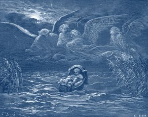ナイル川でのモーゼ、ドレの彫刻 - 聖書 作： Gustave Dore