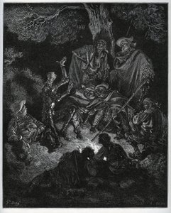 ドン・キホーテがヤギとサンチョ・パンサに世界の話をする夜の光 - Miguel Cervantes (1547-1616) の「Don Quixote de la Mancha」（ドン・キホーテ）より - Gustave Doreの絵の後に木版で描かれたもの。