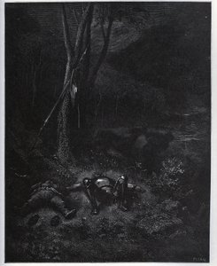 逃亡者の一人であるジネス・ド・パッサモンは、二人の旅人が眠っている間にサンチョ・パンサからロバを盗む-ミゲル・セルバンテス(1547-1616)の「ドン・キホーテ・デ・ラ・マンチャ」(ドン・キホーテ)より-ギュスターヴ・ドーアのデッサンに基づく木版画 作： Gustave Dore