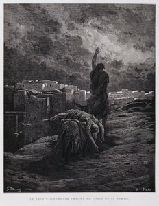 ギベアでの憤怒、レビ人が死んだ妾を運び去る、ドーレ聖書からの挿絵 作： Gustave Dore