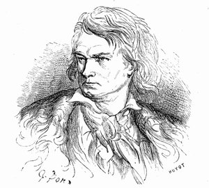 ギュスターヴ・ドーレによるベートーヴェンの肖像画、1855年頃：「ベートーヴェンとは？「耳が聞こえず、愛に溺れ、誤解され、哲学者であり、その音楽は巨大な、あるいは痛ましい夢に満ちている。 作： Gustave Dore