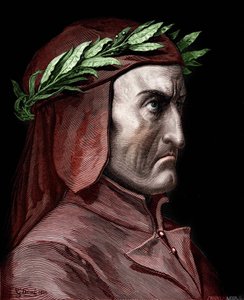 イタリアの作家、ダンテ・アリギエリ（1265-1321）の肖像。ギュスターヴ・ドレによる1860年のエングレーヴィング。 作： Gustave Dore