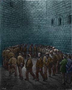 ギュスターヴ・ドレ画、ロンドンのウェストゲート刑務所の庭で見回りをする囚人たち 作： Gustave Dore