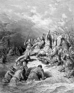 リシャール・ライオン・ハートがジョッペの街をお届け -ギュスターヴ・ドレのエングレーヴィング 作： Gustave Dore