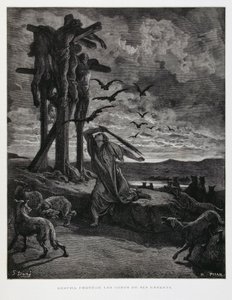 リズパは死んだ息子たちの遺体を野獣が冒涜するのを防いでいる。 作： Gustave Dore
