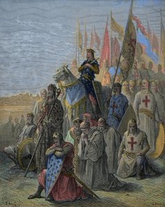 サン・ルイ、ダミエッタ前に到着 - 6月6日、十字軍によるエジプトの街の攻略 作： Gustave Dore
