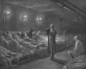 「夜の避難所で聖書を読む人」、1872 年。 作： Gustave Dore