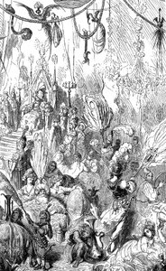 船乗りシンドバッド（シンドバッド）-千夜一夜物語-ギュスターヴ・ドーレによる挿絵-1865年マックスウェル版-6回目の航海-この版画はセレンディブ王の宮廷、あるいはカリフ・ハールン・アル・ラシード（ハルン・アル・ラシード）の宮廷を表すことができる。 作： Gustave Dore