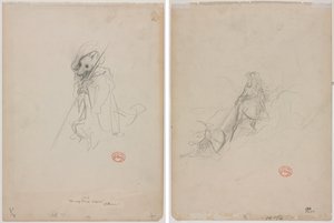 「オオカミになった羊飼い」のスケッチ (右) 狩猟シーンのスケッチ (裏面) 作： Gustave Dore