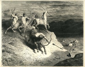 ケンタウロスたちがスティクス沼から出てくる畜生に矢を投げる。ギュスターヴ・ドーアが挿絵を描いたダンテ・アリギエーリ（神曲）の『地獄』からのエングレーヴィング。1861年のフランス版。「Noi ci appressammo a quel proud snelle.(私たちは地獄に近づいている