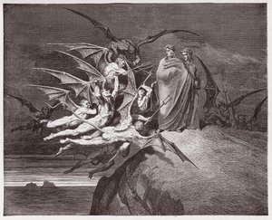 神曲』（La Divina Commedia, La Divine Comedie）『インフェルノ』第21カンスト：悪魔がヴァージルを脅かす-ダンテ・アリギエリ（1265-1321）作-ギュスターヴ・ドーア（1832-1883）挿絵 作： Gustave Dore