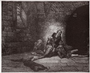 神曲』（La Divina Commedia, La Divine Comedie）の『インフェルノ』第33番。ガドは父の目の前で死ぬ - ダンテ・アリギエリ（1265-1321）作 - グスタフ・ドーレ（1832-1883）絵 作： Gustave Dore